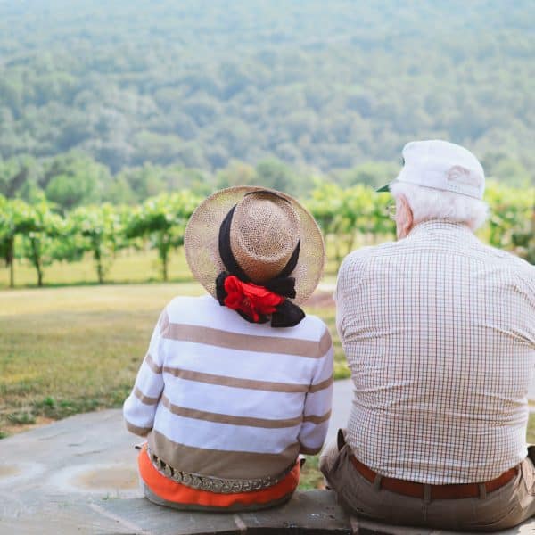 Grandparents sitting together in an open field